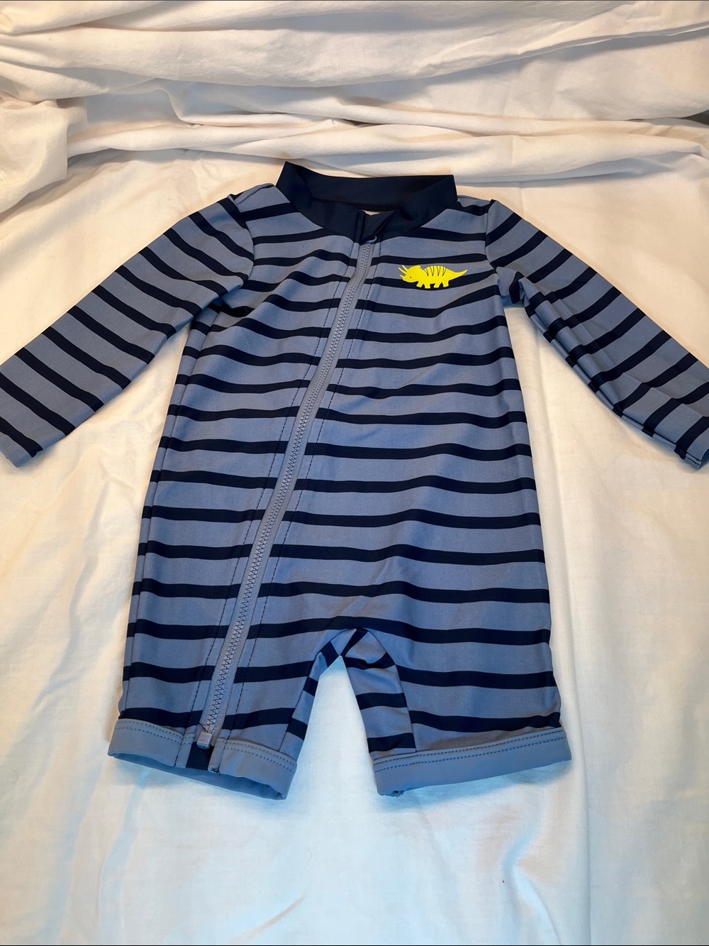 6-9M Blue Navy Striped Baby Swimsuit, Sunsuit with Yellow Dino Accent